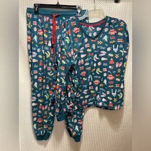 Cuddl Duds Pajama Set Women’s Medium Teal Christmas Winter Lounge